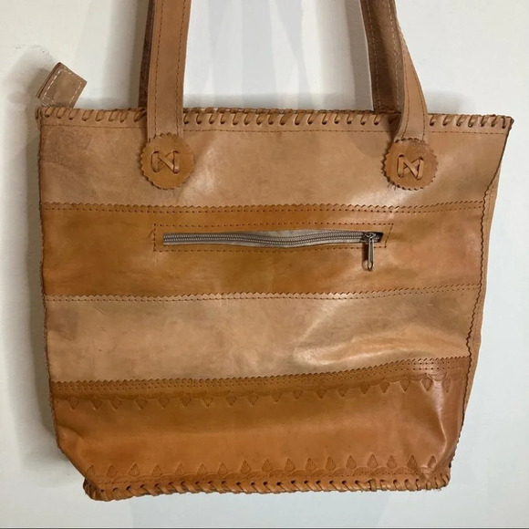 TOTE BAG LEATHER Bag  with Ruched Detail and Tooled Tan - Picture 5 of 6